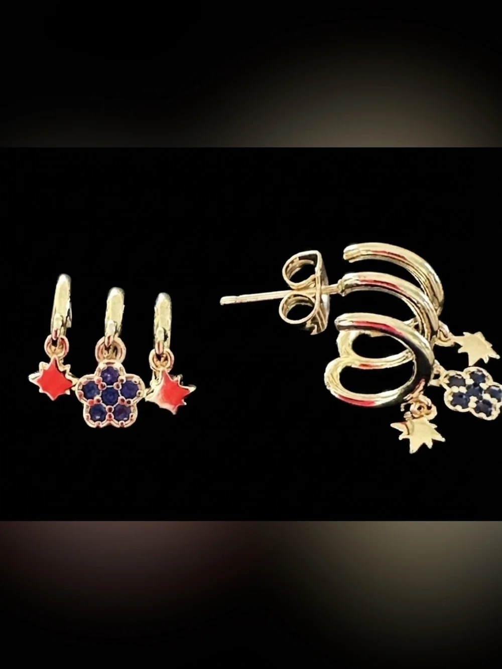 Gold like Floral Dangle huggy Earring posts with blue accent